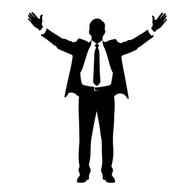 Siyah bir adam silueti kollarını yana doğru uzatmış, avuçlar öne bakıyor. O, kravat ve kemerli bir takım elbise giyiyor. Arka plan bembeyaz..