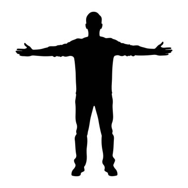 Siyah bir adam silueti kollarını yatay olarak uzatarak ayakta duruyor. O uzun kollu bir gömlek ve pantolon giyiyor. Şekil, düz beyaz bir arkaplanda izole edilmiştir..