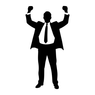 Takım elbiseli ve kravatlı bir adamın siyah silueti kollarını kaldırmış, yumruklarını sıkmış, kutlama ve zafer hissini iletiyor. Beyaz bir arkaplan karşıtlığı dinamik duruşu ve zafer duygusunu vurgular..