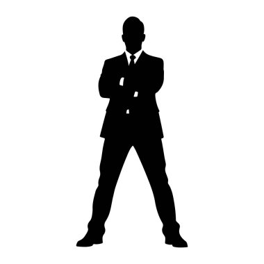 Siyah bir adam silueti kollarını kavuşturmuş duruyor. O, resmi bir takım elbise, kravat ve elbise ayakkabısı giyiyor. Arka plan bembeyaz, koyu rengin katıksız kontrastını vurguluyor. Siluet, bir profesörü tasvir eden temiz ve keskin.