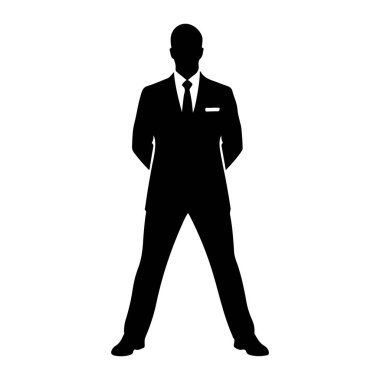 Resmi olarak takım elbise ve kravat giymiş siyah bir adam silueti. Elleri arkasından sıkıca bağlanmış. Ceketin bir cep mendili var. Şekil, düz beyaz bir arkaplana karşı katıdır, temiz ve keskin bir grafik yansıması yaratır.