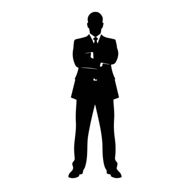 Kollarını kavuşturmuş bir adamın tam vücut silueti. O resmi bir takım elbise ve kravat takıyor. Siluet, beyaz bir arkaplana karşı simsiyah..