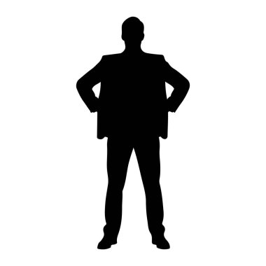 Siyah siluet bir adam elleri kalçasının üzerinde duruyor. Ceket ve pantolondan oluşan resmi bir takım elbise giyiyor. Siluet beyaz bir arkaplanda izole edilmiş..