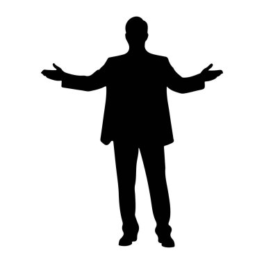 Siyah bir adam silueti kollarını yanlara doğru açmış duruyor. Ceketi ve pantolonu olan bir takım elbise giyiyor. Arkaplan düz beyaz.