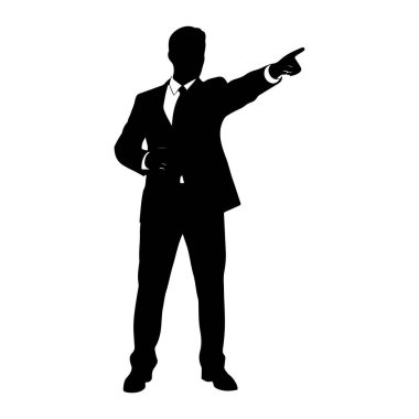 Takım elbiseli ve kravatlı bir adamın siyah silueti beyaz arka planda duruyor. Sağ kolu açık ve işaret parmağı öne doğru uzanıyor. Sol kolu bükülmüş, küçük bir nesne tutuyor. Siluet keskin ve tanımlı, boşalt