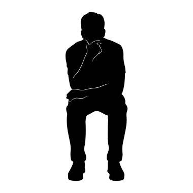 Bir adamın siyah silueti, bacakları çapraz otururken ve eli çenesinde dinlenirken tasvir edilir, derin düşüncelere dalmış bir duruş izlenimi verir. Bu figür beyaz bir arkaplan üzerinde izole edilmiş ve sade ve minimalist bir grafik temsilcisi yaratıyor.