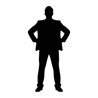 Siyah bir adam silueti elleri kalçasında, ileri doğru bakıyor. O bir ceket ve pantolon giyiyor, ayaklarında ayakkabıları var. Arkaplan bembeyaz, figürü izole ediyor. Poz güven ve profesyonelliği gösteriyor..