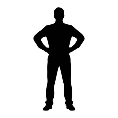 Siyah siluet bir adam elleri kalçasının üzerinde duruyor. Düz beyaz bir arkaplan karşısında öne bakıyor. Silüet açıkça vücut şeklini tanımlıyor, saçı, gövdesi, kolları ve bacakları da dahil, bu da onun resmi kıyafet giydiğini gösteriyor..