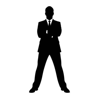 Siyah bir adam silueti kollarını kavuşturmuş duruyor. Resmi bir takım elbise, kravat ve gömlek giyiyor. Siluet, düz beyaz bir arkaplanda izole edilmiş. Şekil tepeden tırnağa tasvir edilmiş, bacakları hafifçe ayrılmış..