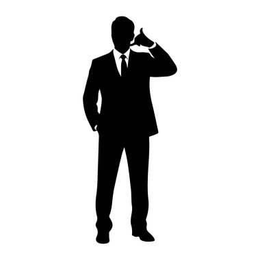 Takım elbiseli ve kravatlı bir adamın siyah silueti bir eli cebinde diğeriyse kulağına tutulmuş bir şekilde bir telefon konuşmasını işaret ediyor. Şekil beyaz bir arkaplanda izole edilmiştir..