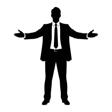 Takım elbise, gömlek ve kravat giyen bir adamın siyah silueti kollarını açmış duruyor. Şekil beyaz bir arkaplanda izole edilmiştir..