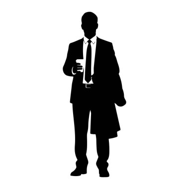 Siyah bir siluet beyaz bir arkaplanda duruyor. O, kravat ve gömlek ile bir takım elbise giyiyor ve sol kolunun üzerine bir ceket örtülmüş. Sağ elinde bir bardak tutuyor..