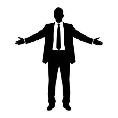 Takım elbiseli ve kravatlı bir adamın siyah silueti kolları açık duruyor. Şekil beyaz bir arkaplanda izole edilmiştir. Duruş bir hoş geldin jesti ya da davetiye olduğunu gösteriyor..