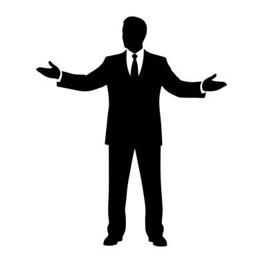 Siyah bir adam silueti kollarını dışa doğru açmış duruyor. Resmi bir takım elbise, ceket, pantolon ve kravat giyiyor. Şekil sade beyaz bir arkaplanda izole edilmiştir..