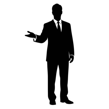 Takım elbiseli ve kravatlı bir adamın siyah silueti sağ kolunu dışarı doğru uzatarak davetkar bir jest yapıyor. 