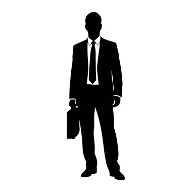 Siyah bir siluet beyaz bir arka plana karşı tüm vücut ayakta duruyor. Resmi bir takım elbise giyiyor, kravat takıyor ve sol elinde bir evrak çantası tutuyor. Silueti çıtır çıtır ve giysisinin ve aksesuarının ana hatlarını açıkça tanımlıyor..