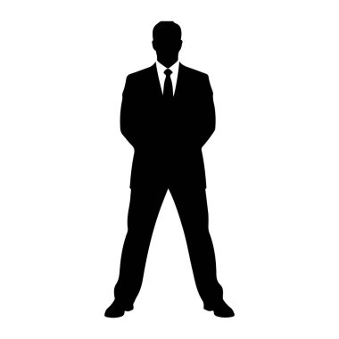 Takım elbise ve kravat takan bir adamın siyah silüeti. Adam elleri arkasındayken ayakta duruyor. Arkaplan beyaz.