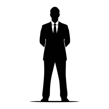 Siyah silueti olan bir adam öne bakıyor. O, resmi bir takım elbise, yakalı bir gömlek ve bir kravat giyiyor. Elleri arkasından sıkıca bağlanmış. Siluet, düz beyaz bir arkaplana karşı katıdır..