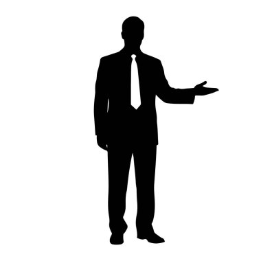 Takım elbiseli ve kravatlı bir adamın siyah silueti sol kolu açık, avuç içi açık bir şekilde duruyor. Davet ya da hoş geldin işareti olarak. 