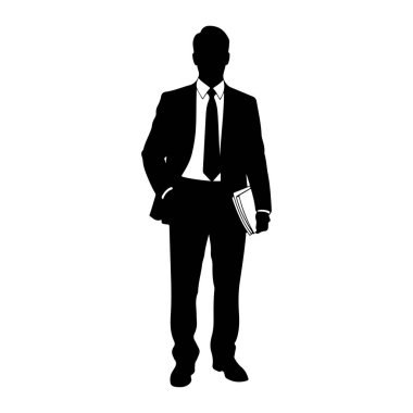 Siyah silueti olan bir adam öne bakıyor. Resmi bir takım elbise ve kravat takıyor ve sol elinde bir yığın belge tutuyor. Sağ eli cebinde duruyor. Arkaplan düz beyaz.