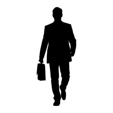 Takım elbiseli bir adamın siyah silueti sol elinde bir evrak çantası taşıyarak öne doğru yürür. Şekil beyaz bir arkaplanda izole edilmiştir..