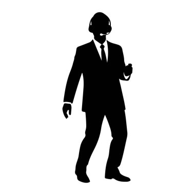 Siyah bir adam silueti resmi bir takım elbise ve kravat takıyor. Kafasında mikrofon olan bir kulaklık takıyor. Sağ eli hafifçe kaldırılır, ve sol eli yan tarafındadır. Şekil beyaz bir arkaplanda izole edilmiştir..
