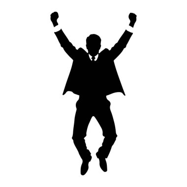 Takım elbiseli ve kravatlı bir adamın siyah silueti havada yakalanıyor, kolları havada atlıyor zafer ve kutlama jesti olarak. Şekil, dinamik duruşu ve enerji hissini vurgulayan, saf beyaz bir arkaplan karşısında izole edilmiştir. 