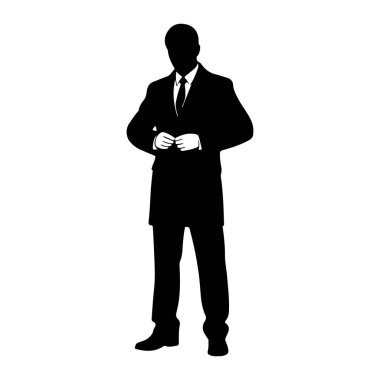 Siyah bir siluet beyaz bir arkaplanda duruyor. O resmi bir takım elbise ve kravat takıyor. Elleri göğsünün yanında duruyor. Kravatını ya da ceketini düzeltiyor gibi görünüyor. Siluet temiz ve keskin, onun ana hatlarını vurguluyor. 