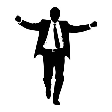 Takım elbiseli ve kravatlı bir adamın siyah silueti, kolları açık ve yumrukları bir kutlama ya da zafer jesti ile sımsıkı sarılmış olarak tasvir edilir. Bacakları dinamik bir pozda yayılmış, bu da hareket ve heyecanı akla getiriyor. Görüntü simsiyah ve... 