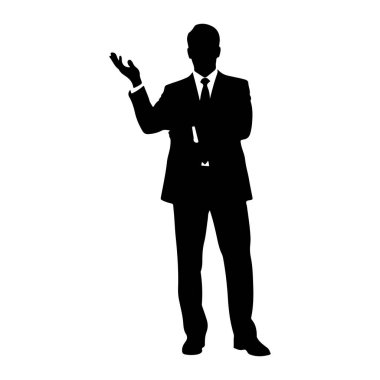 Ayakta duran ve sol eliyle hareket eden bir adamın siyah silueti. O resmi bir takım elbise ve kravat takıyor. Arkaplan düz beyaz.
