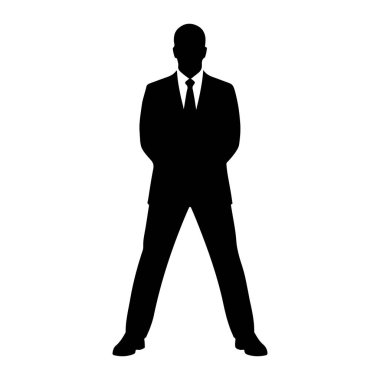 Siyah bir adam silueti bacakları açık duruyor. Resmi bir takım elbise, ceket, pantolon ve kravat giyiyor. Siluet beyaz bir arkaplanda izole edilmiş..
