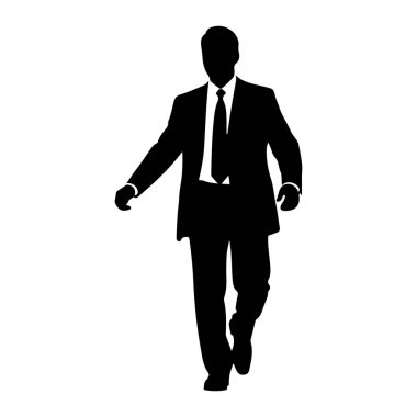 Takım elbise giyen ve kravat takan bir adamın siyah silueti beyaz arka planda yürürken resmedilir. Şekil tam profil olarak gösteriliyor, bir kolu hafifçe öne ve diğeri arkaya doğru uzanıyor, bu da hareketi gösteriyor. Takım elbise iyi bir terziye benziyor.