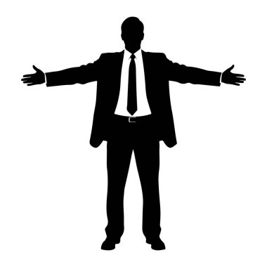 Siyah bir siluet. Kolları açık duran bir adam. O, kravat ve elbise pantolonlu bir takım elbise giyiyor. Arka plan bembeyaz..