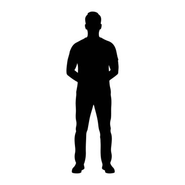 Düz beyaz bir arkaplana karşı dimdik duran siyah bir siluet. Şekil tepeden tırnağa tasvir edilmiş, kolları yanlara doğru tutulmuş. Silüet açıkça gömlek ve pantolon giyen bir insanın şeklini belirtiyor..