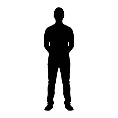 Siyah bir siluet, beyaz bir arka plana karşı karşıya duran bir adam. Tepeden tırnağa tasvir ediliyor, kolları arkada tutuluyor. Şekil bir tişört ve pantolon giyiyor, ayakları hafifçe ayrık. Siluet solda