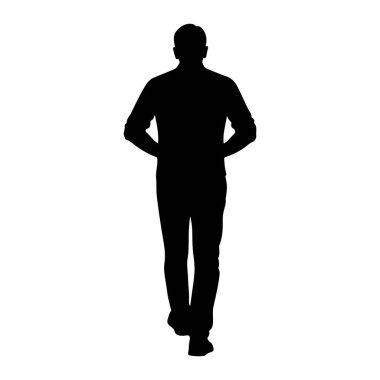 Bir adamın siyah silueti, düz beyaz bir arkaplanda ayakta ve ileri doğru yürürken tasvir edilir. Önden gösterilen figür, elleri arkada. Ayağında ayakkabıları olan yakalı bir gömlek ve pantolon giyiyor. Silhou.