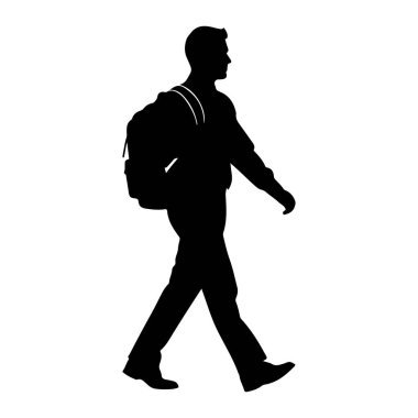 Bir adamın siyah silueti profilde tasvir ediliyor, soldan sağa doğru yürüyor. Giyinik ve sırtında bir sırt çantası var. Siluet, incirin biçimini ve hareketini vurgulayan düz beyaz bir arkaplan üzerinde titrer.