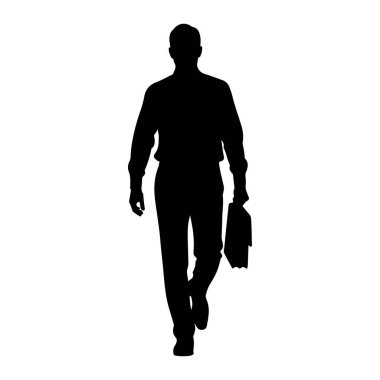 Beyaz bir arkaplanda yürüyen siyah bir siluet. O, yakalı bir gömlek ve pantolon giyiyor ve sağ elinde bir evrak çantası taşıyor. Şekil tepeden tırnağa tasvir ediliyor, sol bacağı ileri doğru yürüyen bir adımda.