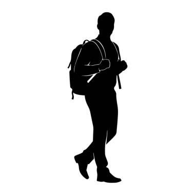 Bir adamın siyah silueti beyaz arka planda soldan sağa doğru yürürken resmedilir. Omuzlarının üzerinde kayışlar olan bir sırt çantası taşıyor ve bir bacağı önde hareket ediyor gibi görünüyor. Siluet simsiyah, parlak... 