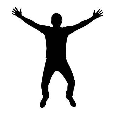 Siyah bir siluet, beyaz bir arka plana doğru atlayış yaparken görüntülenir. Şeklin kolları tamamen yukarı ve dışa doğru uzanır ve parmakları açıktır. Bacakları bükülmüş, bu da dinamik bir sıçrama olduğunu gösteriyor. Siluet simsiyahtır.