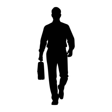 Beyaz bir arkaplanda yürüyen siyah bir siluet. O, yakalı bir gömlek ve pantolon da dahil olmak üzere resmi giysiler giyiyor ve sağ elinde bir evrak çantası taşıyor. Siluet keskin ve net bir şekilde tanımlanmış, görünürde yok. 