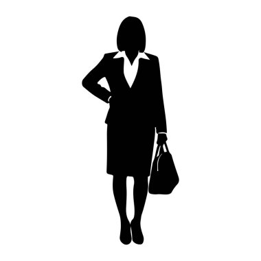 Siyah siluet bir kadın yüzü öne dönük duruyor, resmi bir iş elbisesi, etek ve yakalı bir bluz giyiyor. Bir eli kalçasında ve diğer elinde bir el çantası var. Siluet beyaz bir arkaplanda izole edilmiş..