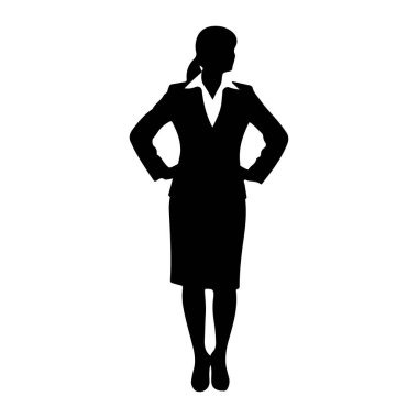 Siyah bir kadın silueti, elleri kalçasında güvenle ayakta duruyor. O, ceket, etek ve yakalı bluzdan oluşan resmi bir iş elbisesi giyiyor. Siluet beyaz bir arkaplanda izole edilmiş..