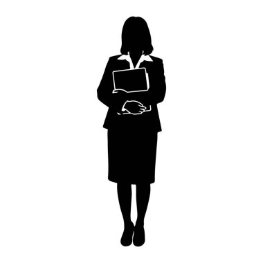Siyah bir siluet kadın yüzü öne dönük duruyor, resmi bir iş elbisesi giymiş ve etek giyiyor. Göğsünün önünde iki eliyle bir klasör ya da tablet tutuyor. Görüntü, sade beyaz bir arka gruba karşı katıksız siyah beyaz bir illüstrasyondur.