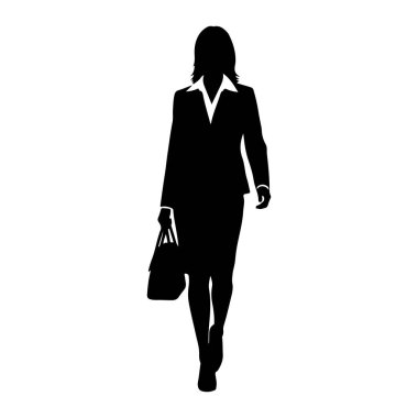 Beyaz arka planda siyah bir kadın silueti tasvir edilir. Resmi bir iş elbisesi ve yakalı bir gömlek giyiyor ve sol elinde bir el çantası taşıyor. Silüet onun hareket halinde olduğunu gösteriyor, kendinden emin bir şekilde ileri doğru yürüyor.