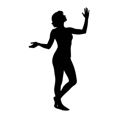 Beyaz arka planda siyah bir kadın silueti tasvir edilir. Bacakları hafifçe açık, bir kolu açık bir avuç içi ile yukarı kaldırılmış ve diğer kolu açık bir avuç içi ile dışa doğru uzanmış olarak durur. Kafası arkaya eğik, bakıyor.