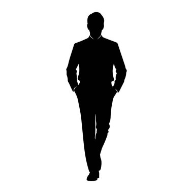 Beyaz arka planda takım elbise ve pantolon giyen bir adamın siyah silueti tasvir edilir. Önden gösteriliyor, elleri cebinde ileri doğru yürüyor. Silüet temiz ve keskin, resmî kıyafetleri ve duruşunu vurguluyor.
