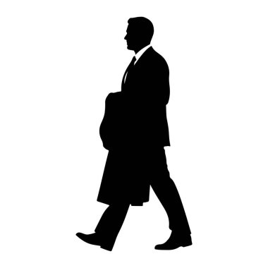 Takım elbiseli ve kravatlı bir adamın siyah silueti soldan sağa yürürken resmedilir. O bir takım elbise ceket, pantolon ve ayakkabı giyiyor ve sol kolunun üzerine bir ceket örtülü. Siluet, beyaz bir arkaplanda izole edilmiş. 