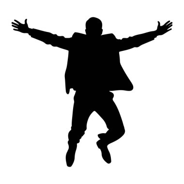 Bir adamın siyah silueti havada yakalanıyor, kolları yanlara doğru açık atlıyor. Takım elbise ceketi ve pantolon gibi görünen bir şey giyiyor. Bu da resmi ya da iş bağlamında olduğunu gösteriyor. Şekil, beyaz bir sırt deliğine karşı izole edilmiş.