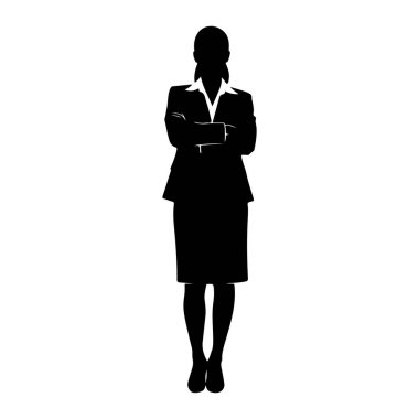 Siyah bir kadın silueti kollarını kavuşturmuş duruyor. Resmi bir takım elbise, ceket, etek ve yakalı bir gömlek giyiyor. Siluet düz beyaz bir arkaplanda..